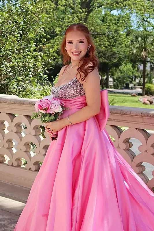 stylish party dressBeaded Pink Satin A-line Long Formal Dress with Bow