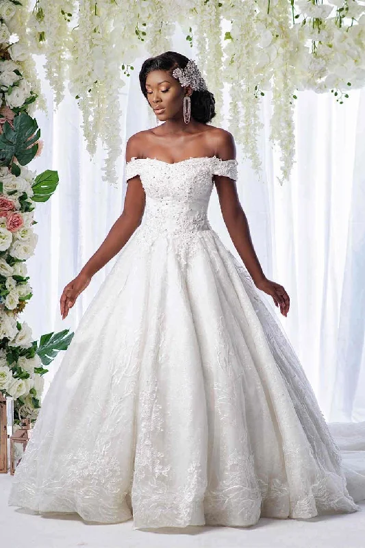 vintage-inspired dressOff the shoulder Beaded Lace White Wedding with Train