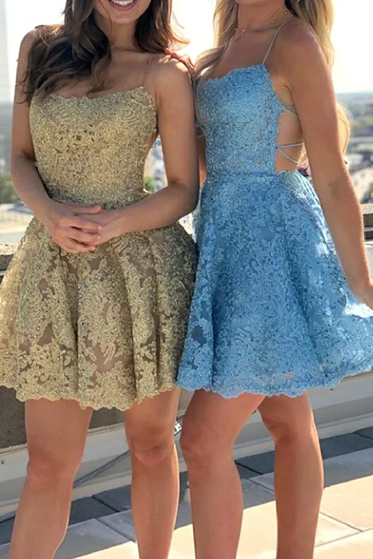 Special Savings Spaghetti Straps Lace Mini Prom Homecoming Dress Gold / Blue Cocktail Party Dress ANN6307 Special Savings Spaghetti Straps Lace Mini Prom Homecoming Dress Gold / Blue Cocktail Party Dress ANN6307