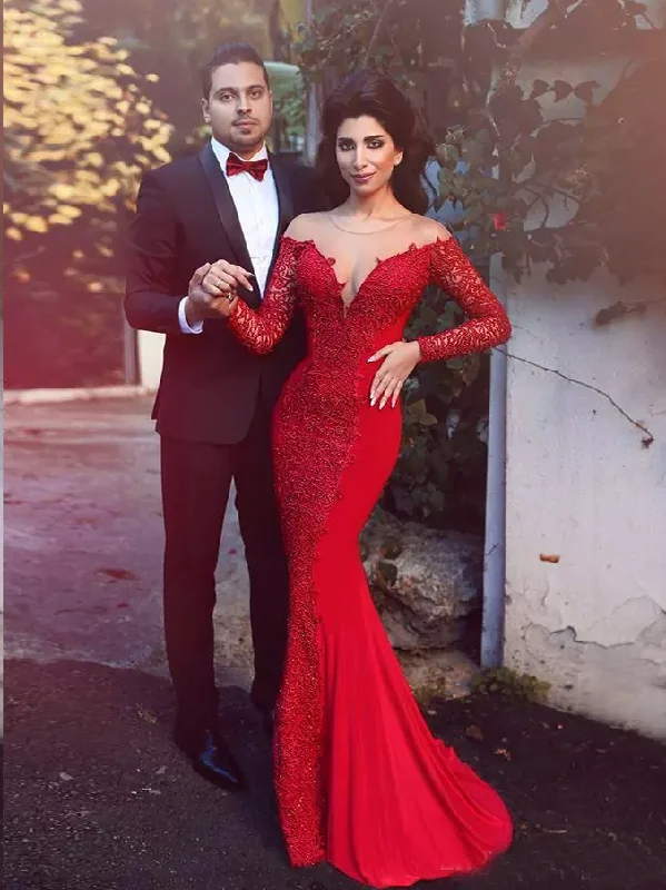 While Supplies Last Long Sleeve Prom Dresses Trumpet Mermaid Short Train Long Lace Red Prom Dress JKL1319 While Supplies Last Long Sleeve Prom Dresses Trumpet Mermaid Short Train Long Lace Red Prom Dress JKL1319