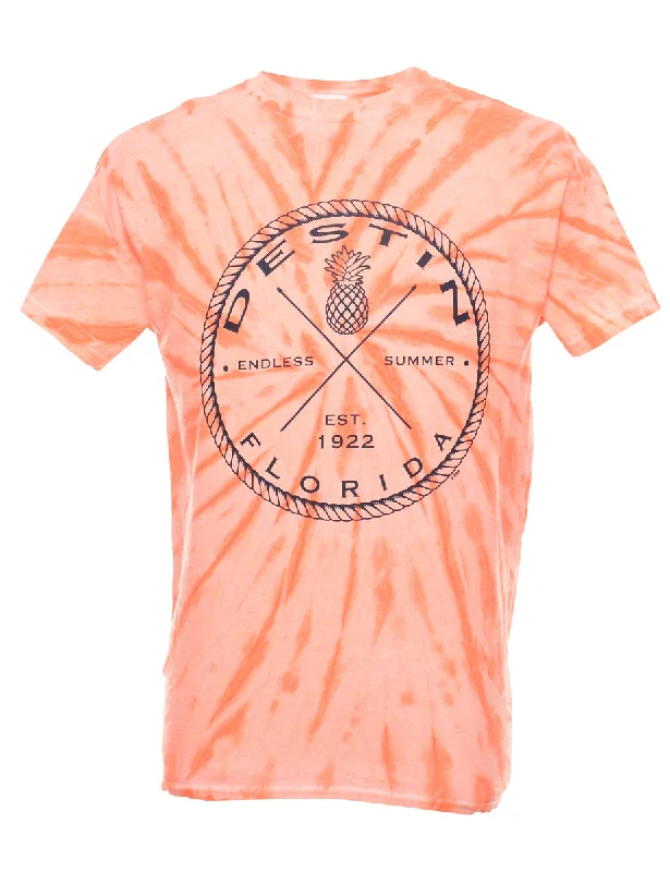 Limited Edition Tie Dye Design Orange & White Destin Printed T-shirt - M