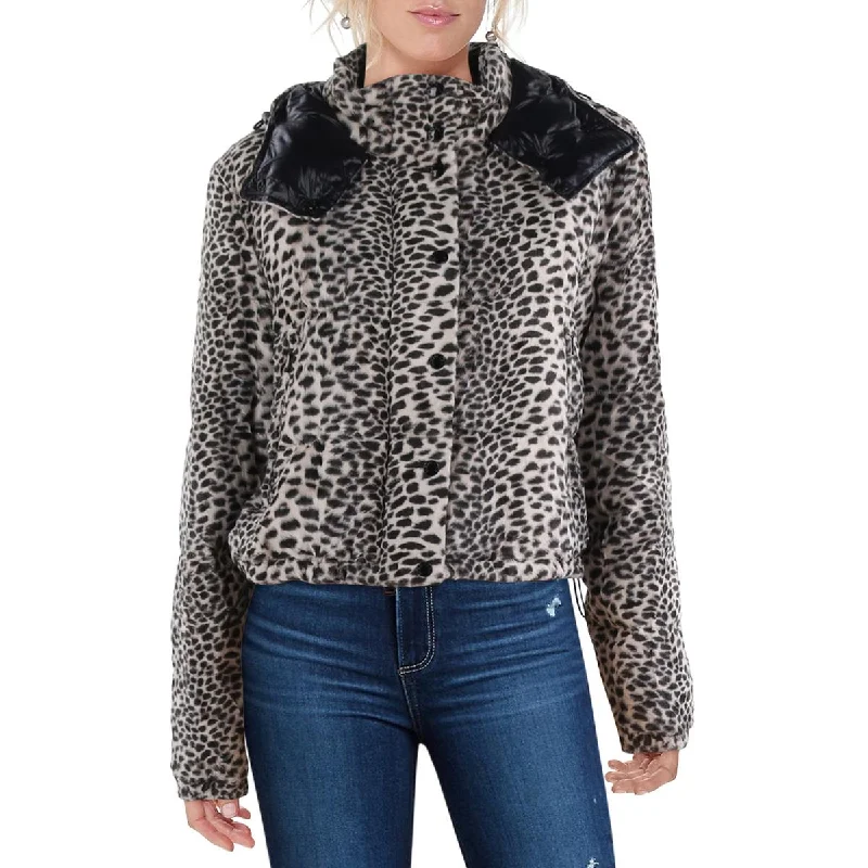 trendy jacketAvoine Womens Faux Fur Animal Print Puffer Jacket