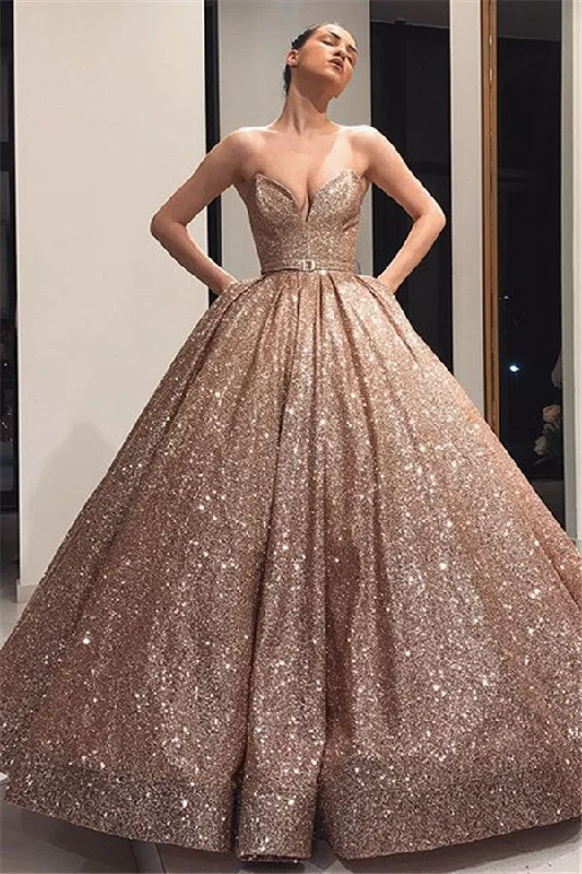 Super Deal Charming Strapless Sleeveless Ball Gown Sweep Train Prom Dresses