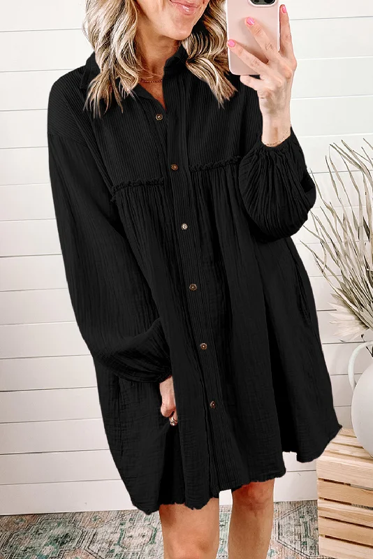 Stock Clearance Black Patchwork Crinkle Puff Sleeve Shirt Dress