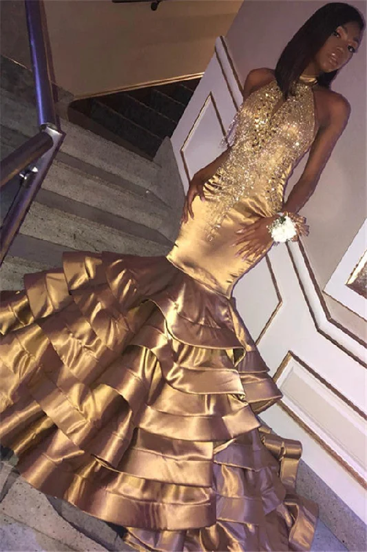 Closeout Gorgeous Gold Mermaid High Neck Sleeveless Ruffles Crystal Prom Dresses