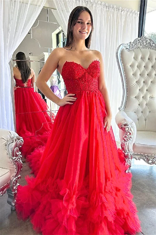 summer dressRed Floral Strapless A-line Ruffle Layers Long Prom Dress