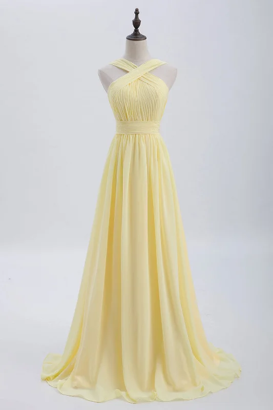 wrap dressCross Front Yellow Pleated Chiffon Long Bridesmaid Dress