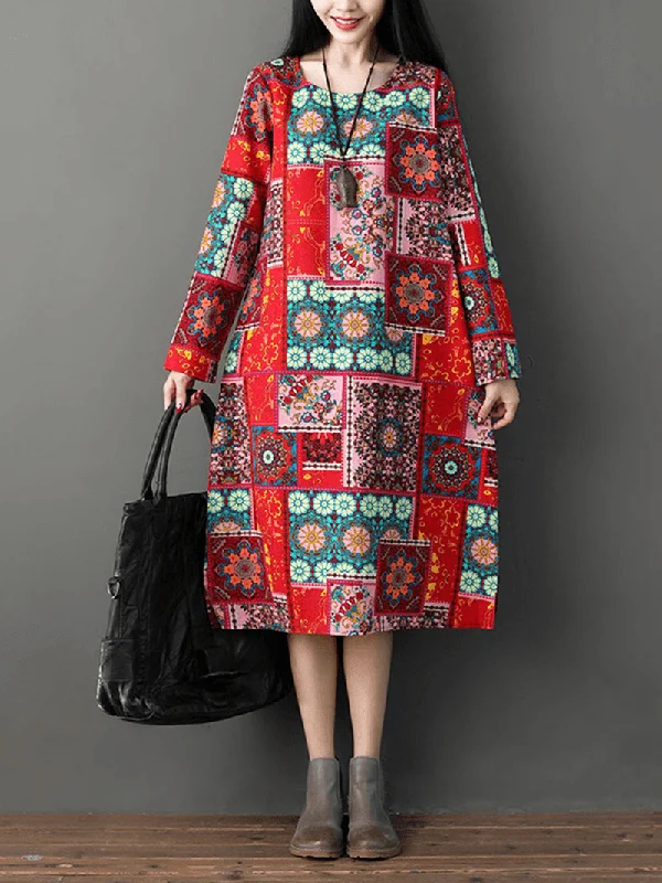 luxury dressWomen Casual Loose Printed O-Neck Long Sleeve Dress