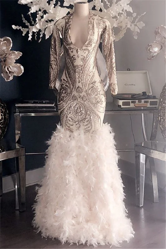 Price Rollback Mermaid Gorgeous Appliques Fur V-Neck Long Sleevess Prom Dresses