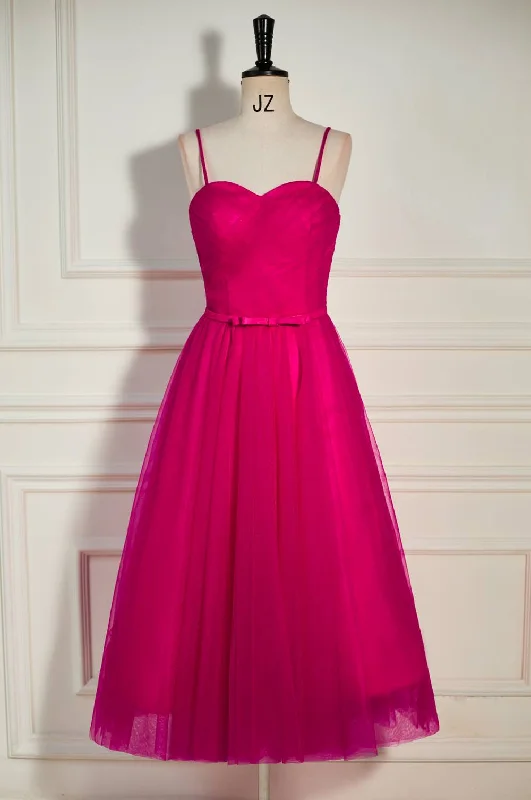 Limited Time party-ready dressFuchsia Straps A-line Tulle Tea-Length Prom Dress