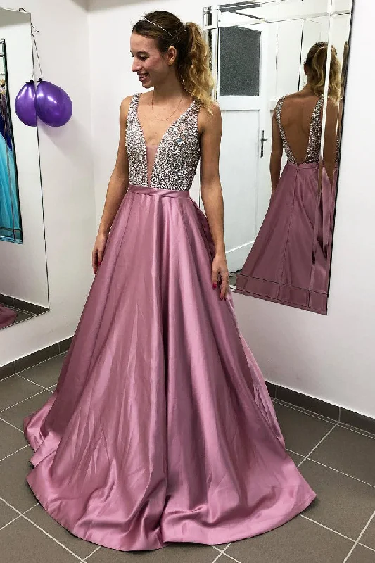 vintage-inspired dressA-Line Beading Pink Long Prom Dress