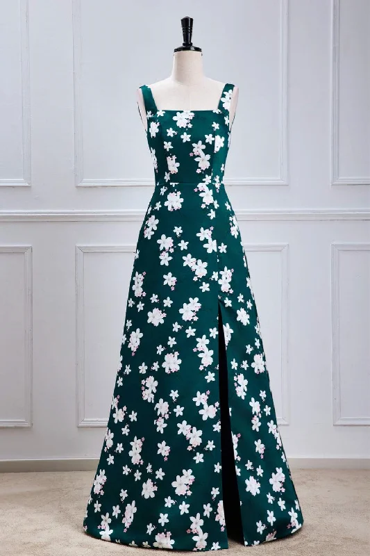 sleeveless dressGreen Floral A-line Satin Long Bridesmaid Dress with Slit