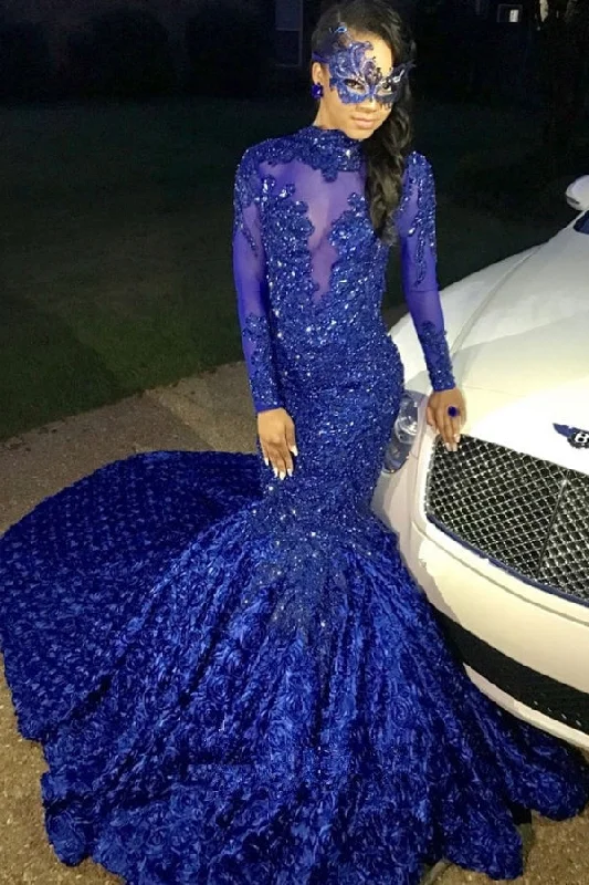 Hurry In Chic Flowers Royal Blue Prom Party Gowns| Long Sleeves Prom Party Gowns