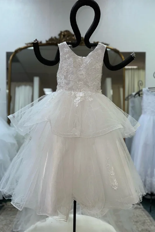 backless dressWhite Sleeves Beaded Appliques Multi-Layers Long Flower Girl Dress