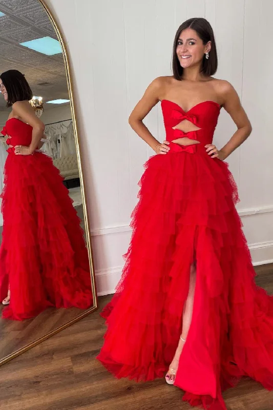 summer dressRed Strapless A-line Layers Bows Long Prom Dress with Slit