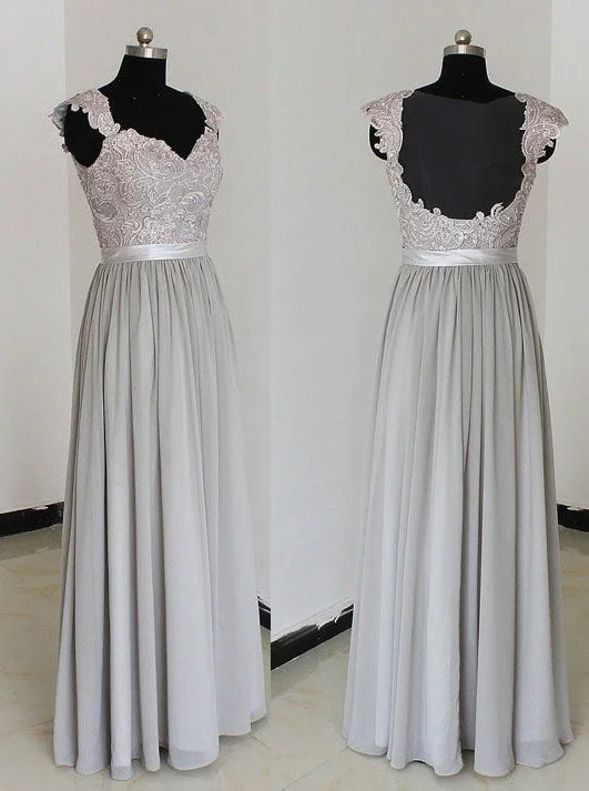 ashionable dressElegant A-Line Chiffon Silver Long Bridesmaid Dress with Lace Appliques