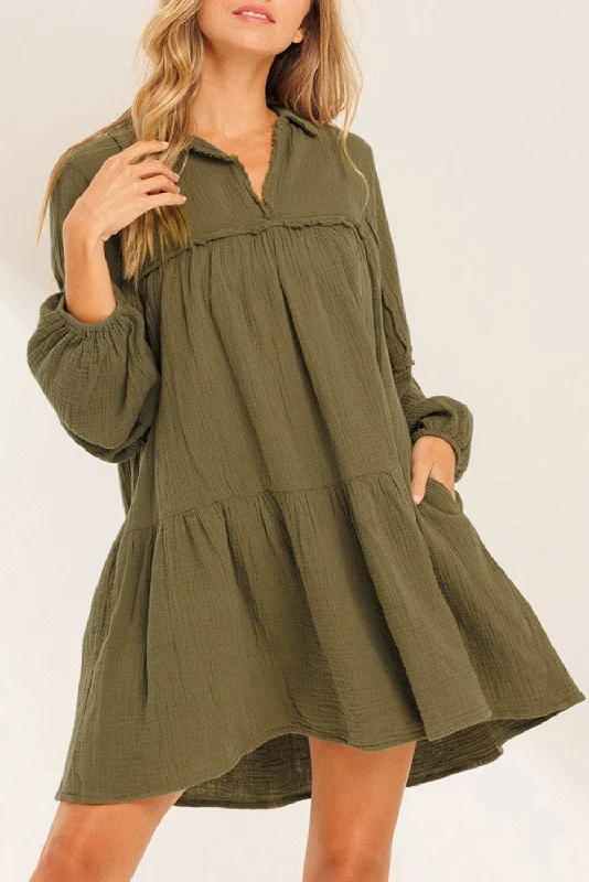 Price Fest Green Frayed Trim Split Neck Puff Sleeve Flared Dress