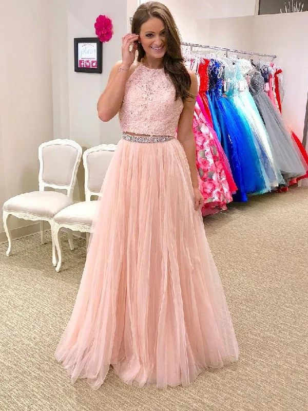 Hurry In Two Piece Prom Dresses,Halter Lace Appliqued,2 Piece Formal Dresses JW111