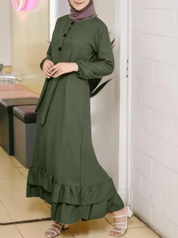 cocktail dressWomen Long Sleeve Solid Ruffles Hem Abaya Kaftan Pleats Button Midi Dresses