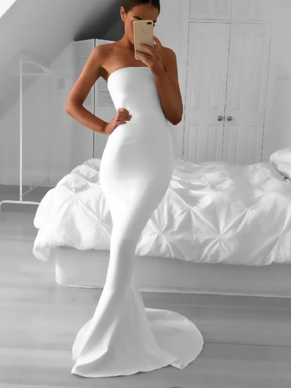 midi dressSimple Strapless Mermaid White Long Bridesmaid Dress