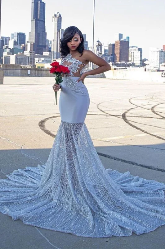 Bargain Prices One Shoulder Appliques Slim Mermaid Evening Dress Sweet Train