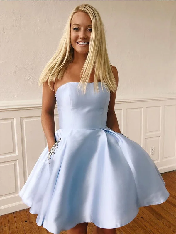 Exclusive Preview Light Blue Strapless A-Line Cute Homecoming Dresses with Pockets AN2206 Exclusive Preview Light Blue Strapless A-Line Cute Homecoming Dresses with Pockets AN2206