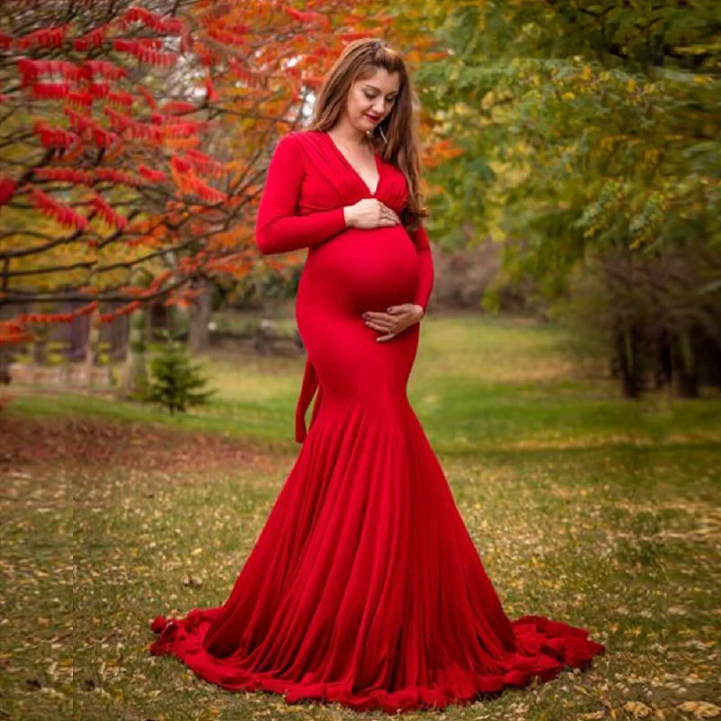 flowy evening dressMercerized Cotton Maternity V-neck Mop Long Sleeve Long Dress