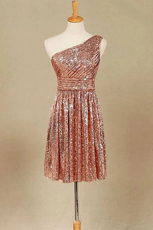 Closeout stylish dressRose Gold Sequin One-Shoulder Short Bridesmaid Dress