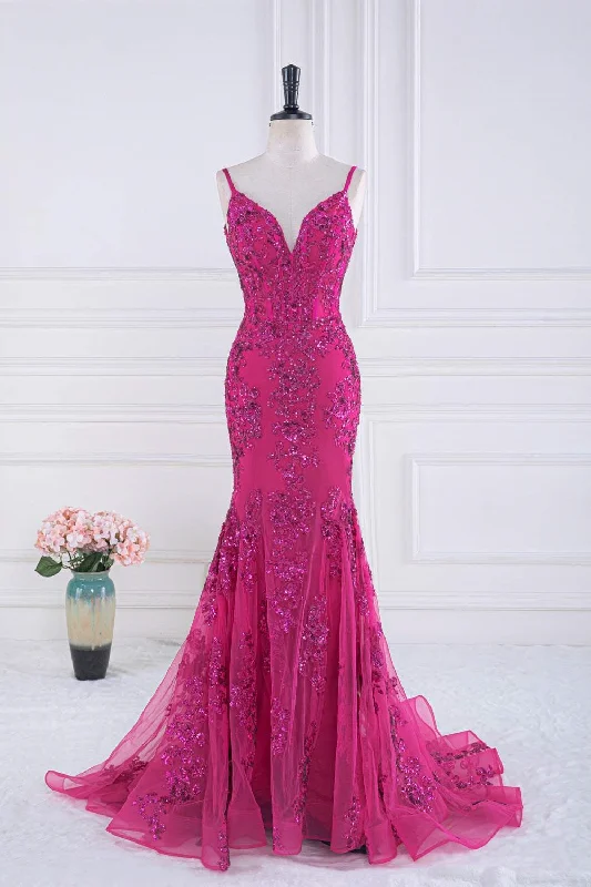 knit dressFuchsia Spaghetti Straps Mermaid Sequined Embroidery Long Prom Dress