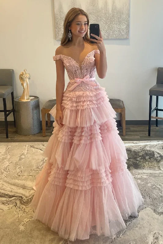 Closeout trendy mini dressPink Tulle Lace Off-the-Shoulder Ruffles Tiered Long Prom Dress Closeout trendy mini dressPink Tulle Lace Off-the-Shoulder Ruffles Tiered Long Prom Dress