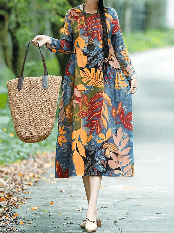 relaxed fit dressFloral Leaf Print Vintage Casual Midi Dress with Side Pockets