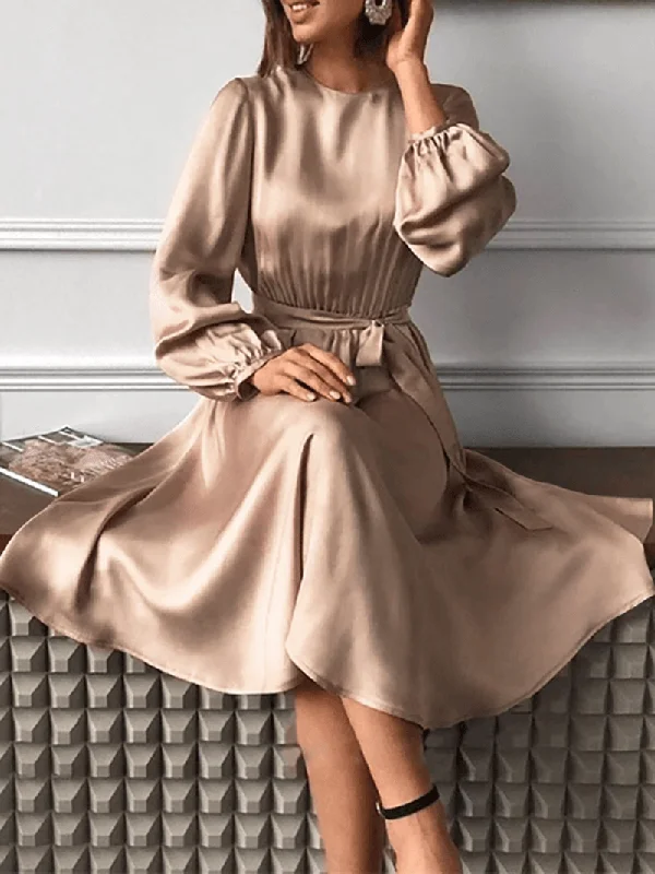 draped dressWomen Puff Sleeve O-Neck Solid Pleated Casual Stylish Fitting Dress