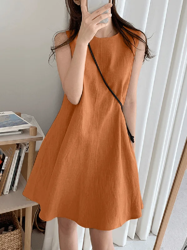 textured dressWomen Cotton Solid Color round Neck Sleeveless Casual Midi Dress