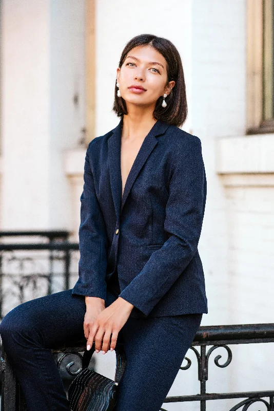 Referral Discount Navy Peak-Lapels Single-Breasted Blazer