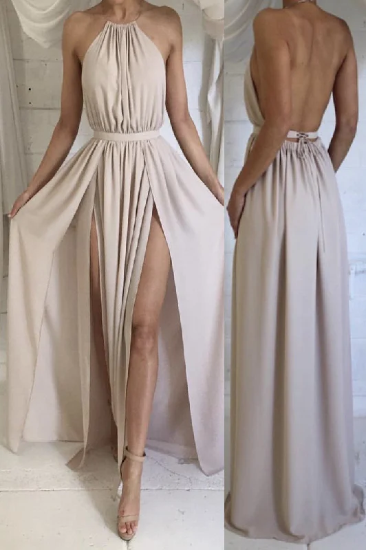 fitted bodycon dressHalter Backless Beige Long Bridesmaid Dress with Slits