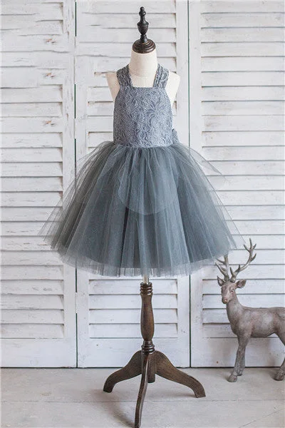 vintage dressBall Gown Halter Grey Flower Girl Dress with Bow