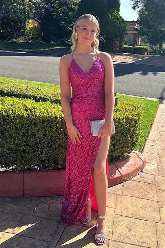 Closeout Sale office dressFuchsia Lace-Up Mermaid Sequins Long Prom Dress with Slit Closeout Sale office dressFuchsia Lace-Up Mermaid Sequins Long Prom Dress with Slit