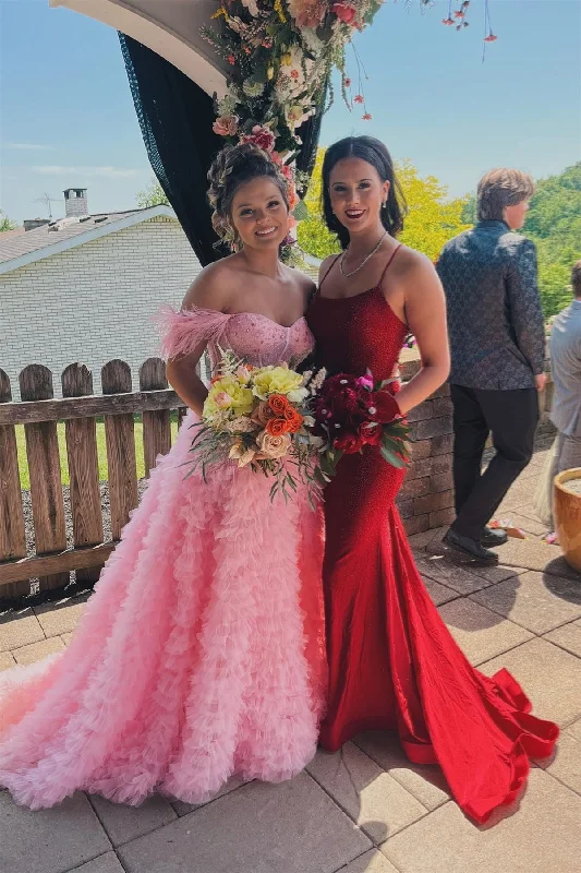Act Now layered dressPink Off-the-Shoulder Feathers Ruffle-Layers Beaded Long Prom Dress