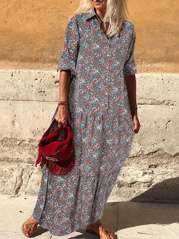 draped dressVintage Floral Print Lapel Pleats Long Sleeve Bohemian Shirt Maxi Dress for Women