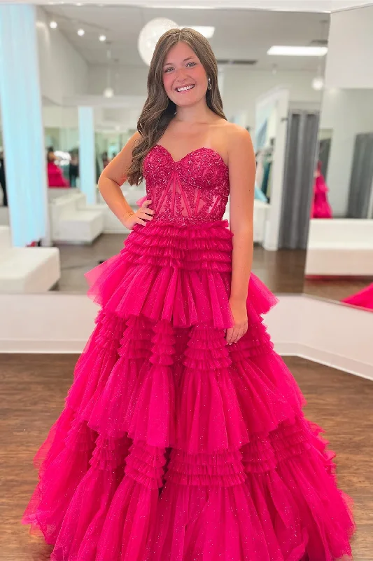 Midnight Madness boho-chic dressFuchsia Multi-Layers Strapless Appliques A-line Tulle Long Prom Dress Midnight Madness boho-chic dressFuchsia Multi-Layers Strapless Appliques A-line Tulle Long Prom Dress