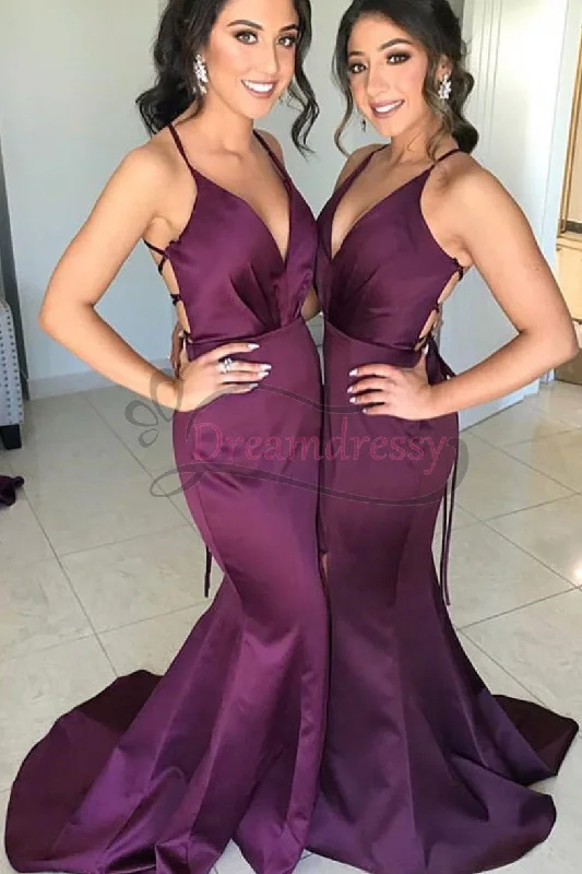 velvet dressGorgeous Straps V Neck Plum Mermaid Long Bridesmaid Dress