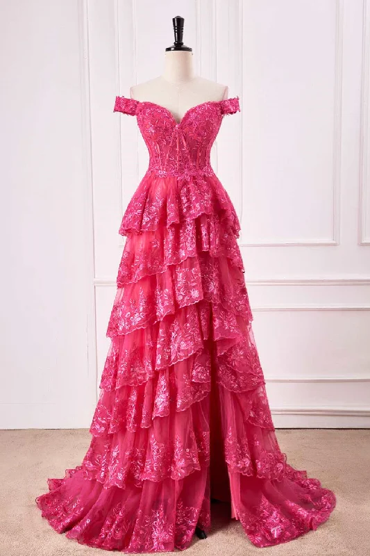 formal dressHot Pink Off-Shoulder Floral Sequined Layers Long Prom Dress with Slit