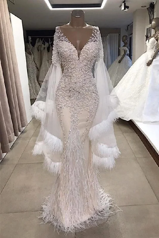 The Best Prices Luxurious Mermaid V-neck Long Sleevess Crystal Floor Length Prom Dresses With Tassels The Best Prices Luxurious Mermaid V-neck Long Sleevess Crystal Floor Length Prom Dresses With Tassels