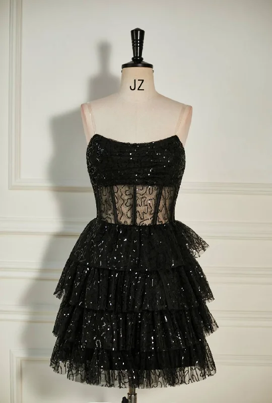 Amazing Deals textured dressBlack Sequined Strapless Multi-Layers Tulle Homecoming Dress Amazing Deals textured dressBlack Sequined Strapless Multi-Layers Tulle Homecoming Dress