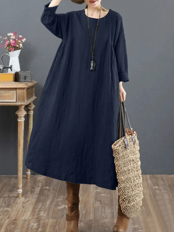 ruched dressWomen Cotton Solid Tie Back round Neck Long Sleeve Casual Midi Dresses