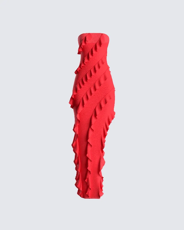 trendy mini dressBlanche Red Mesh Ruffle Maxi Dress