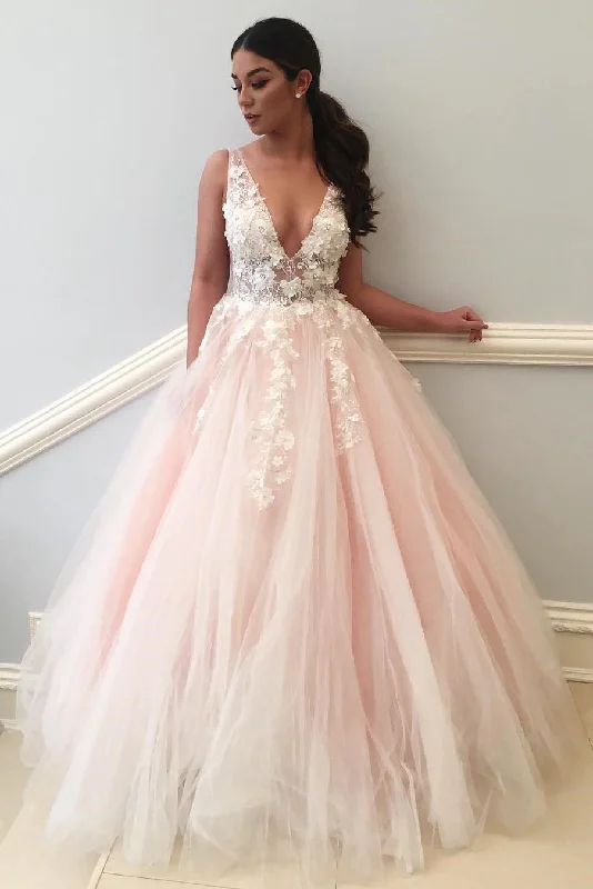 casual slip dressPrincess V Neck Pink Tulle Long Prom Dress with Lace Appliques