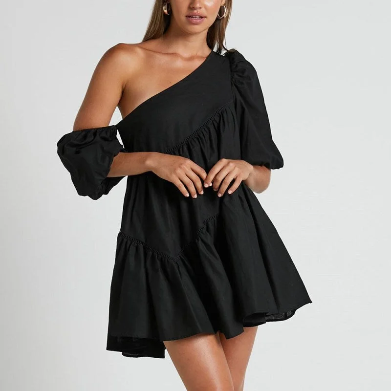 off-shoulder dressWomen's casual loose off-shoulder puff sleeve patchwork short-sleeved dress irregular skirt