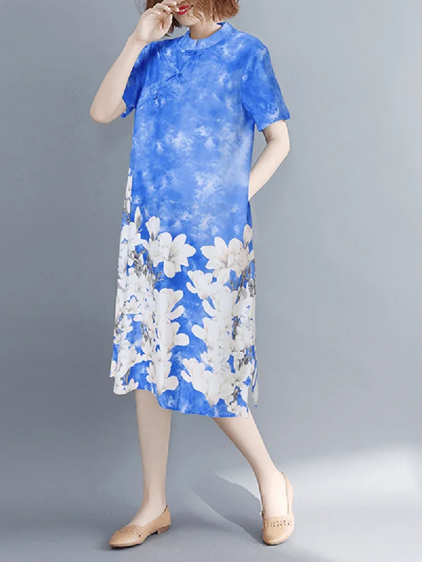 trendy mini dressShort Sleeve Spliced Floral Casual Tie-Dyed Dress for Women