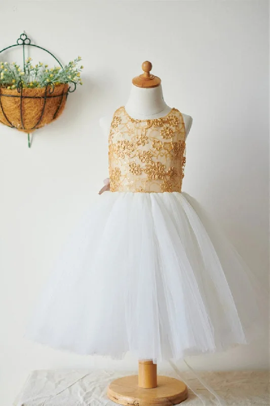 printed dressCute Gold and White Flower Girl Dress with 3d Flowers